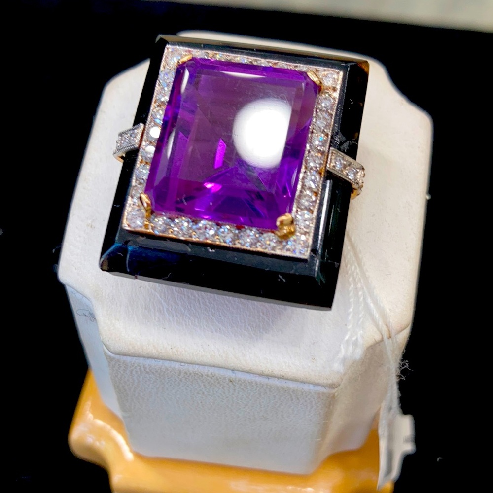 vintage amethyst, 18 karat gold and diamond ring